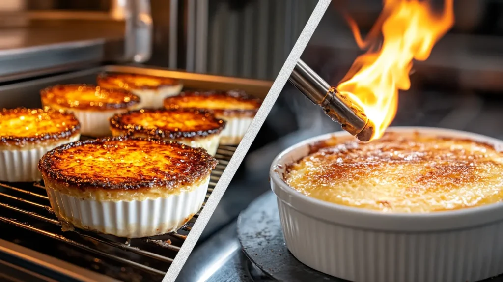 Caramelizing crab brûlée in ramekins with a culinary torch.