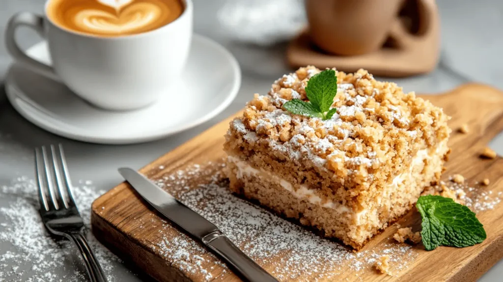 A slice of coffee cake with cappuccino, styled for a cozy dessert moment.