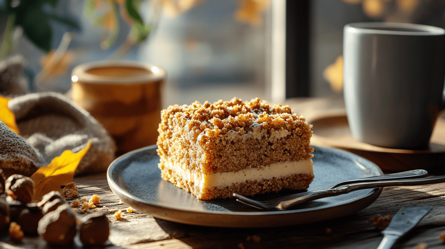 Slice of coffee cake with oatmeal streusel on a rustic plate.