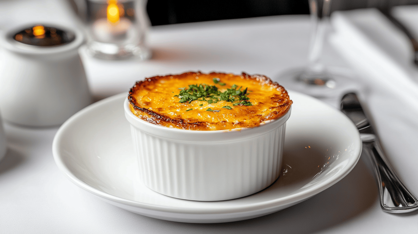 Golden crab brûlée garnished with herbs in a white ramekin.