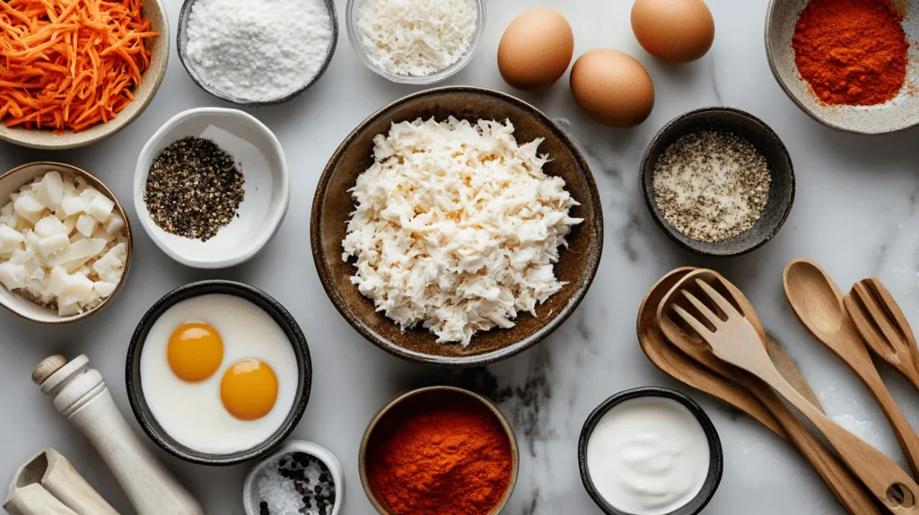 Ingredients for making crab brûlée on a modern kitchen counter.