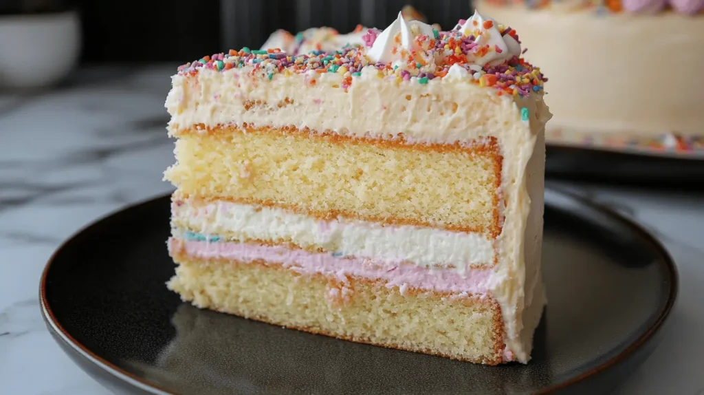 Slice of unicorn cake with rainbow layers and creamy frosting.