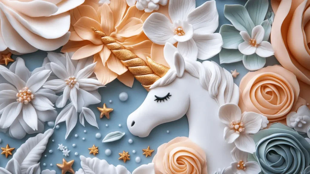 "Close-up of unicorn cake decorations: fondant flowers and golden horn.