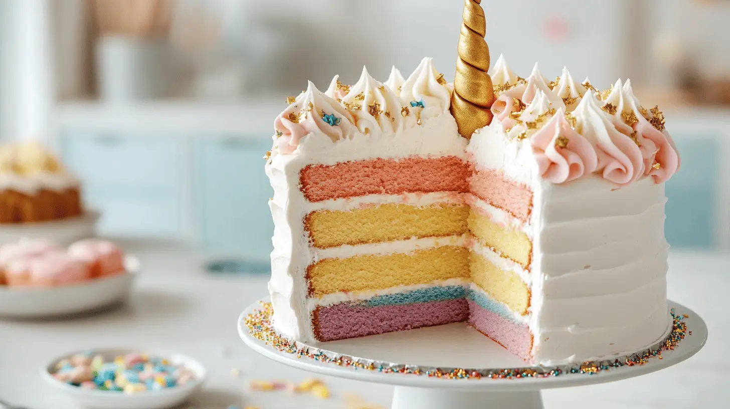 Magical unicorn cake with rainbow layers and golden horn on a cake stand.