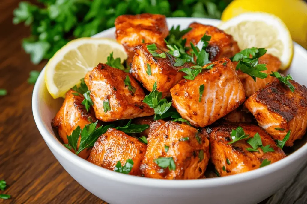 Crispy air fryer salmon bites served with lemon and parsley.
