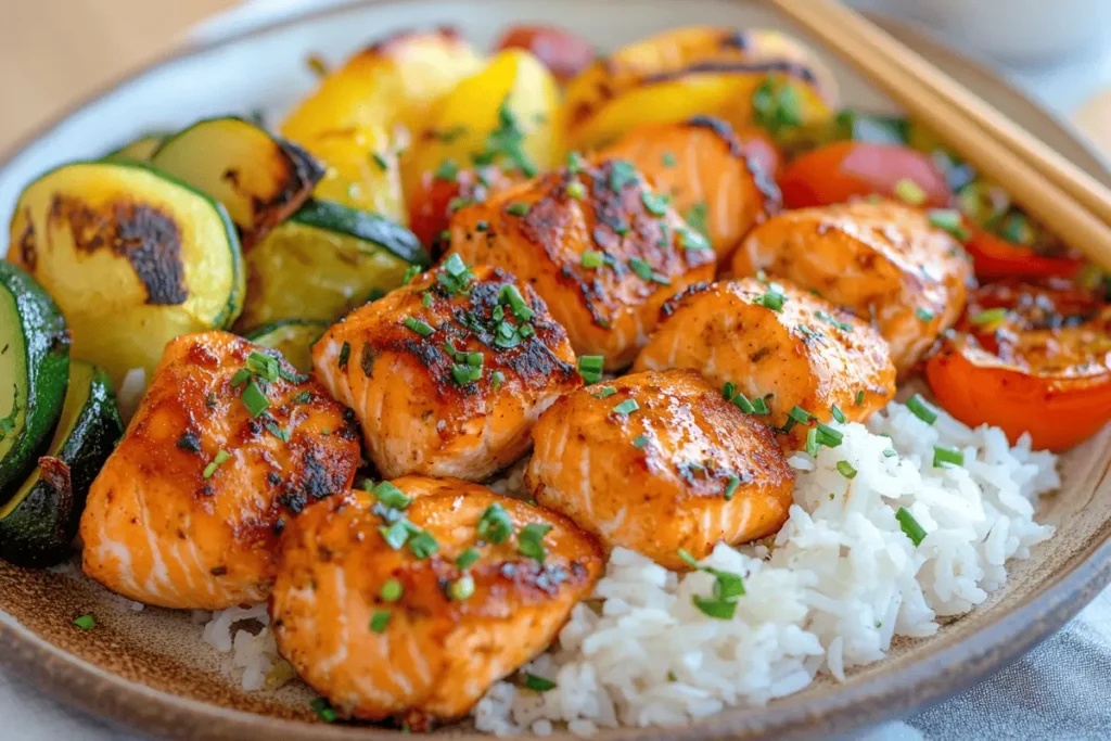 Air fryer salmon bites served with rice and vegetables.