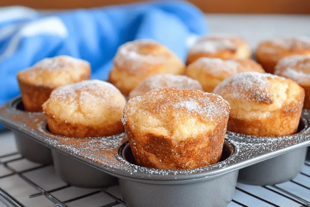 Freshly baked cinnamon sugar French toast muffins in a muffin tin.