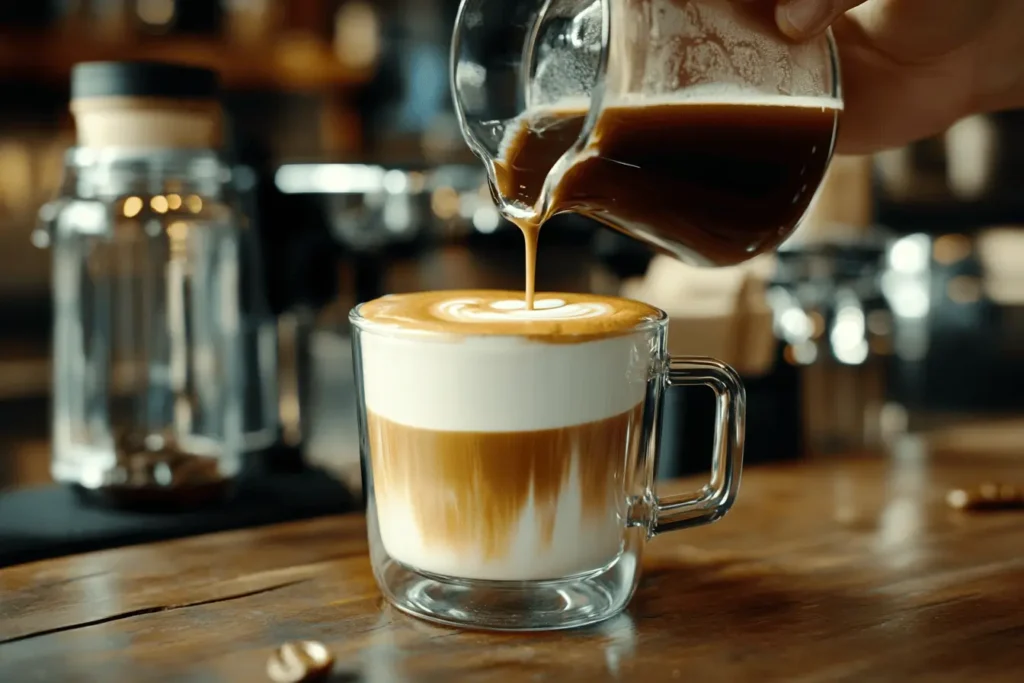 Barista pouring espresso into milk for a caramel macchiato.