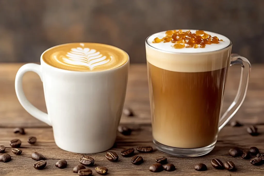Caramel latte and caramel macchiato side by side on a café table.