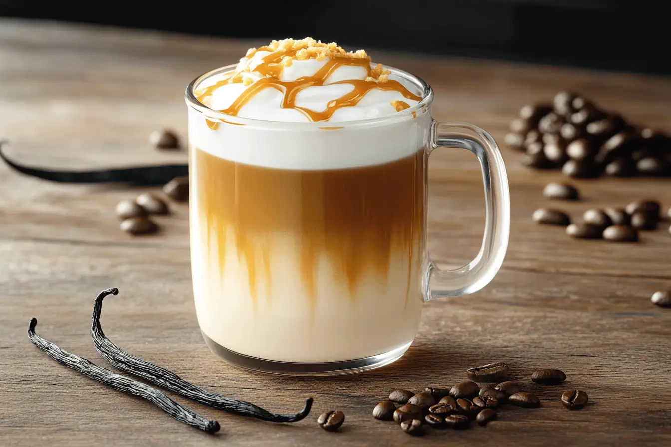 Caramel macchiato in a glass mug with caramel drizzle and espresso.