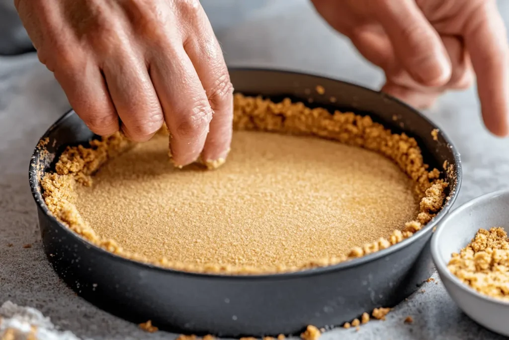 Preparing graham cracker crust for a cheesecake.