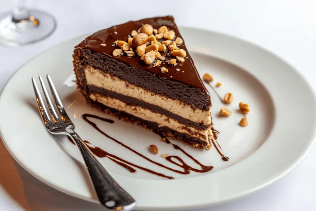 Slice of chocolate double fudge peanut butter cheesecake.