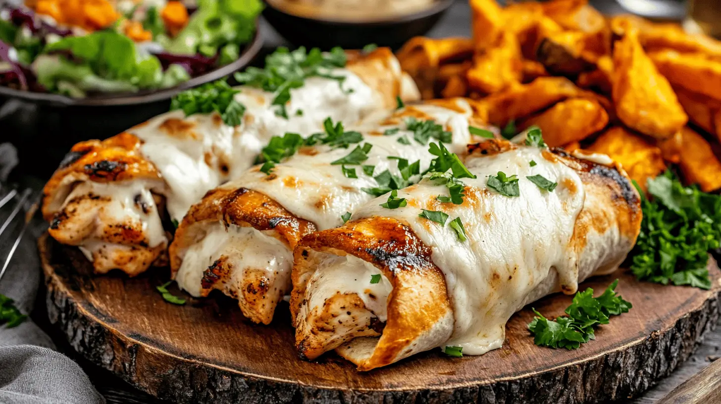 Cheesy Garlic Chicken Wraps with side dishes on a wooden platter.