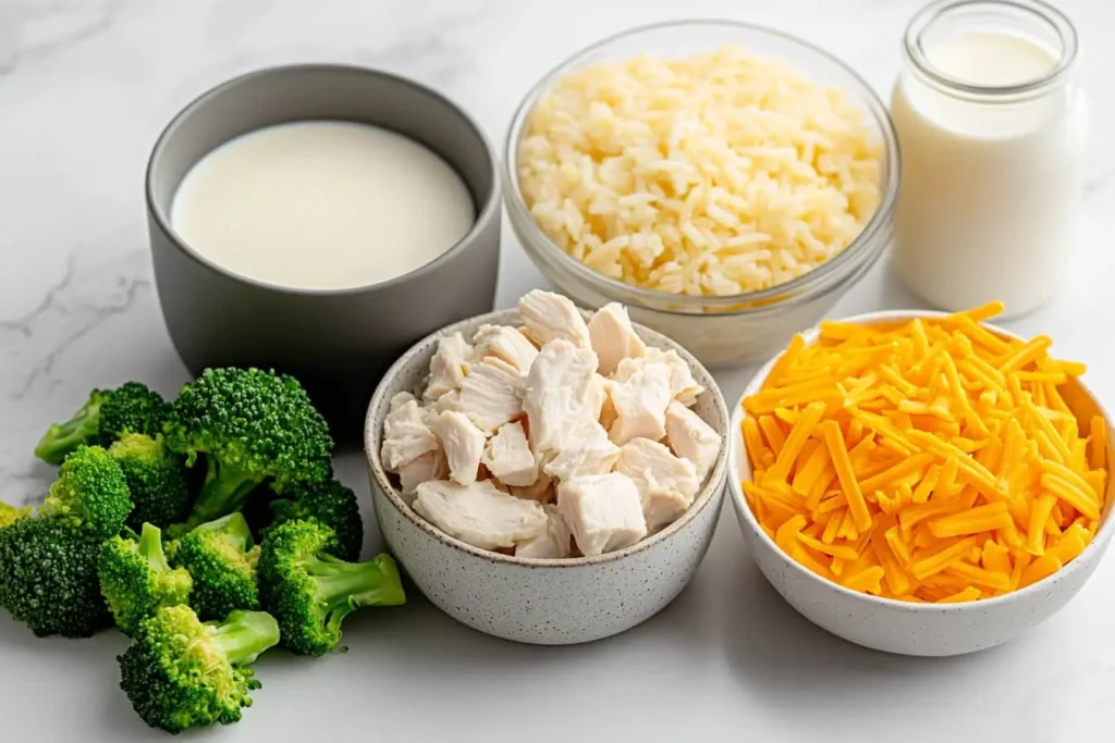 Ingredients for chicken broccoli rice casserole on a kitchen counter