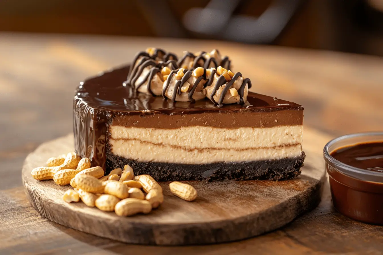 Decadent chocolate double fudge peanut butter cheesecake with chocolate drizzle.