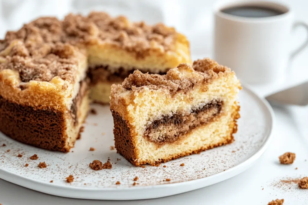  Sliced coffee cake with streusel topping and cinnamon swirl.