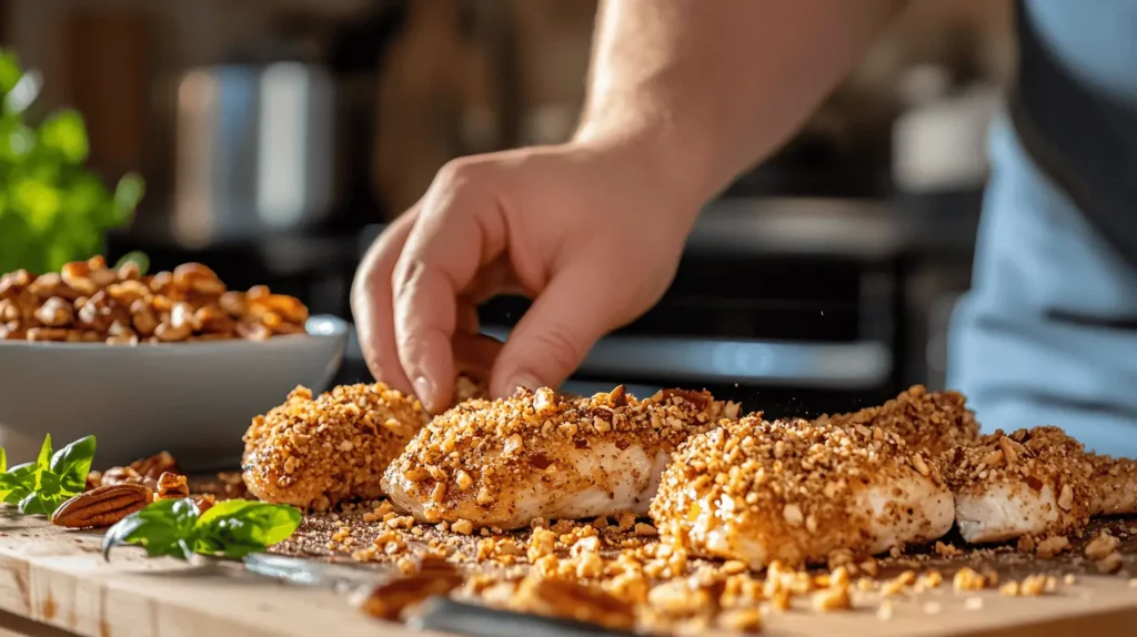 Pressing Chicken into Pecan and Breadcrumb Mixture