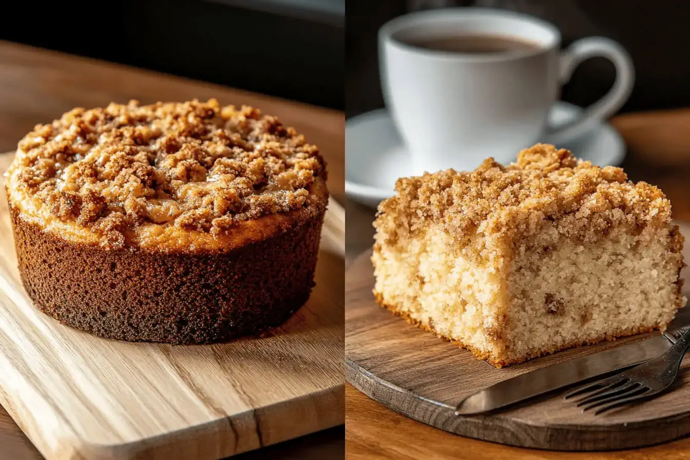 Coffee cake and crumble cake side by side on a wooden cutting board.