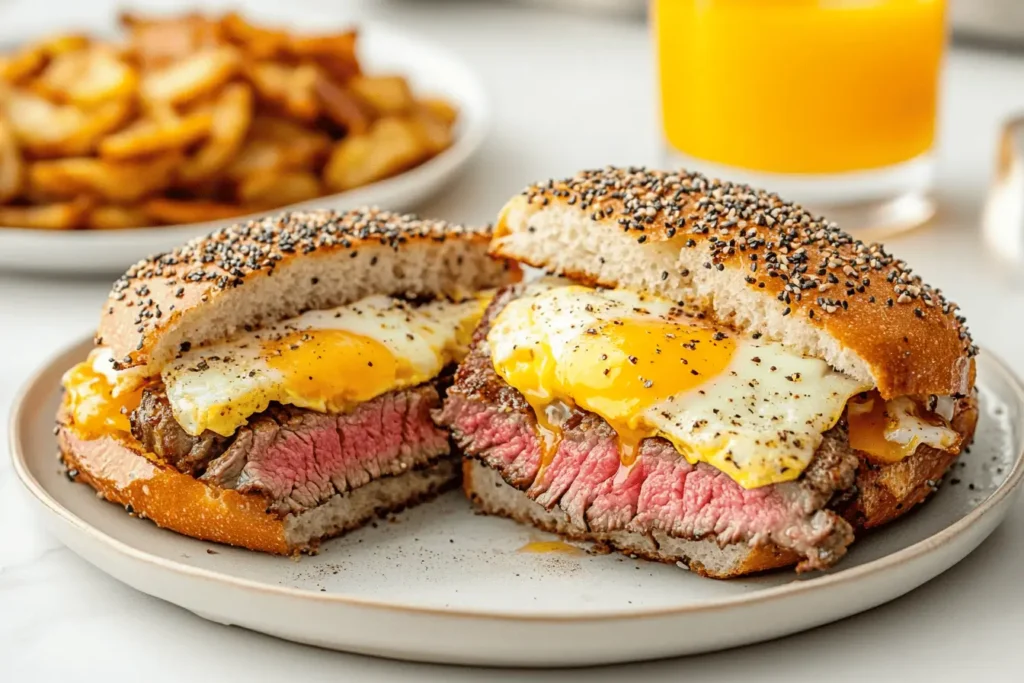 Steak Egg and Cheese Bagel served with hash browns and orange juice.