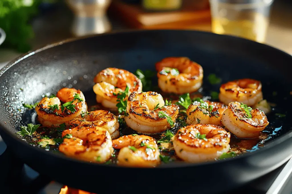 Shrimp sizzling in garlic butter sauce in a skillet.