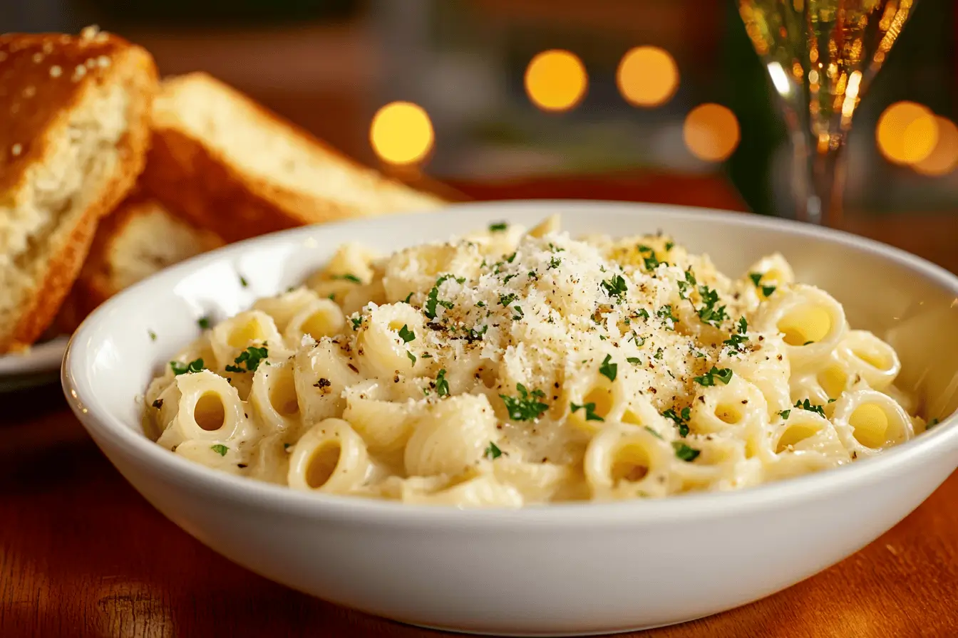 Creamy cavatappi pasta garnished with Parmesan and parsley.