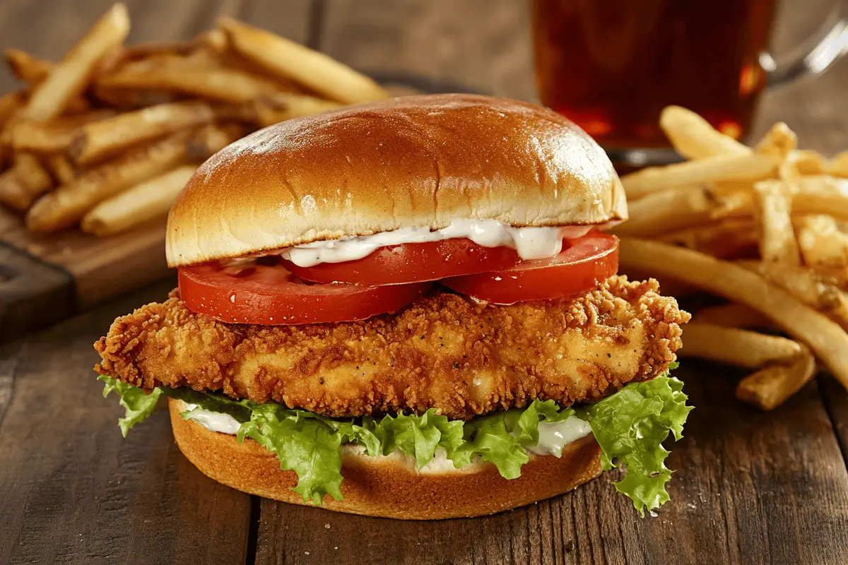 Golden crispy chicken cutlet sandwich with fries and iced tea.