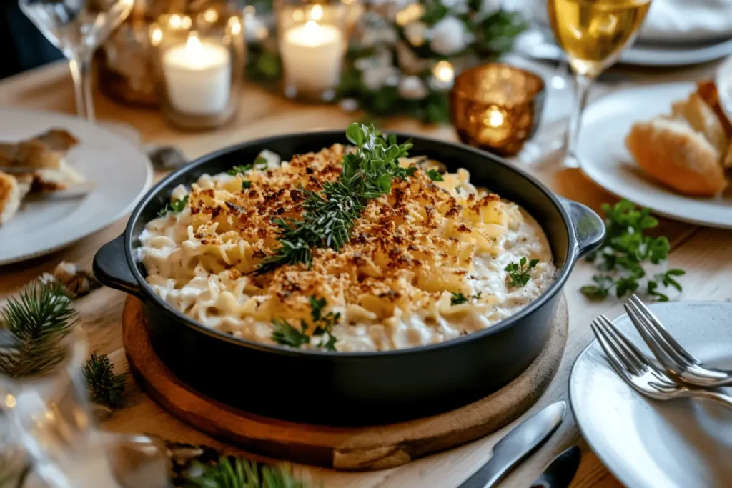 A dinner table set with creamy cavatappi pasta.