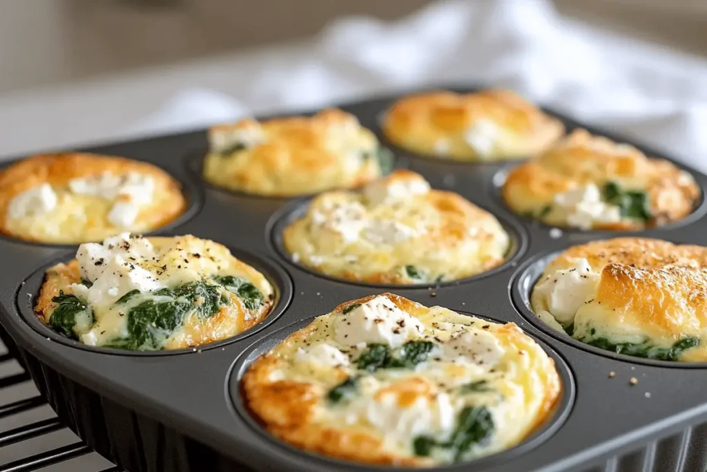  Close-up of freshly baked spinach feta egg cups in a muffin tin.