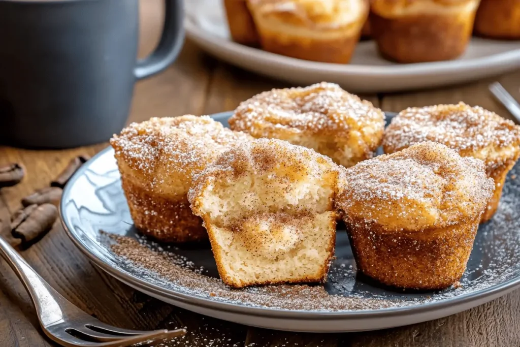 Sliced cinnamon sugar French toast muffins revealing their fluffy interior.