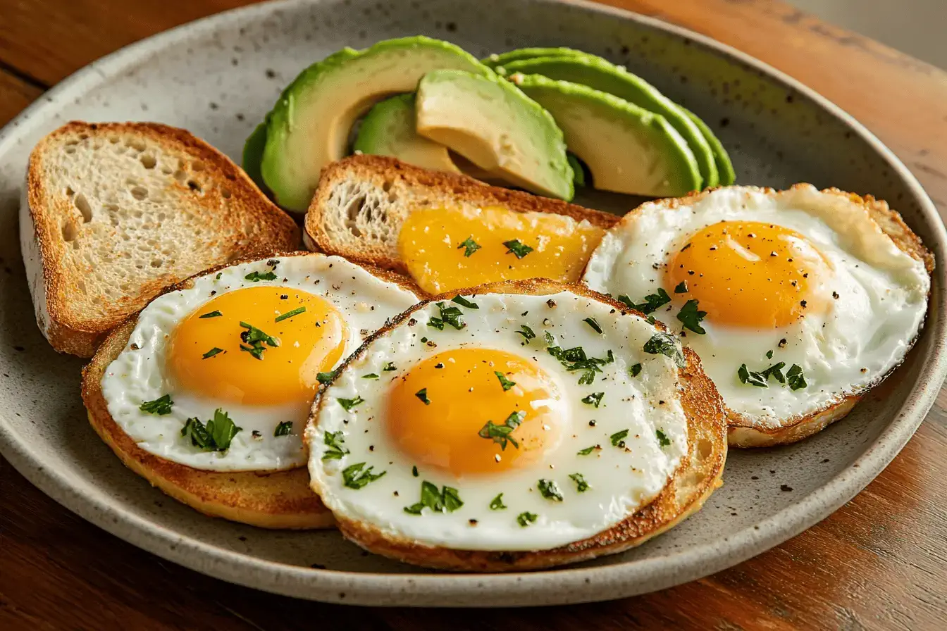 A plate displaying four types of fried eggs: sunny side up, over easy, over medium, and over hard.