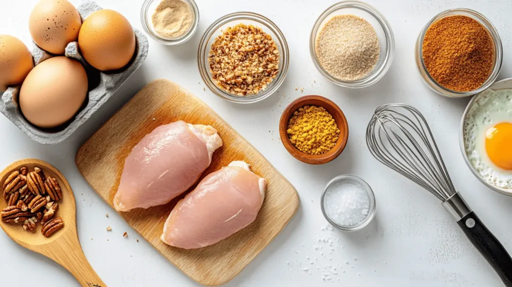  Ingredients for Pecan Crusted Chicken on a Kitchen Counter