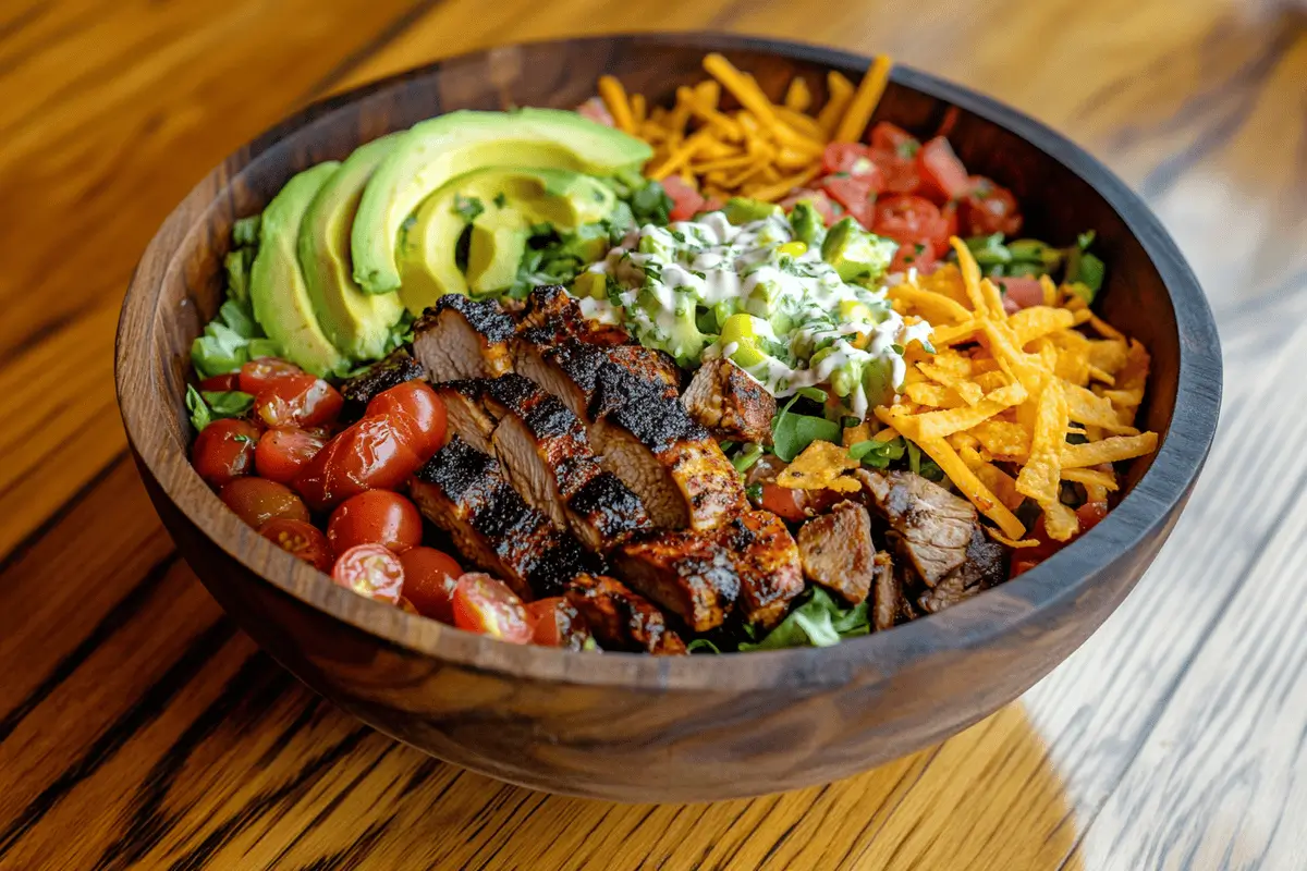 Southwest Chicken Salad with grilled chicken, avocado, and tortilla strips.