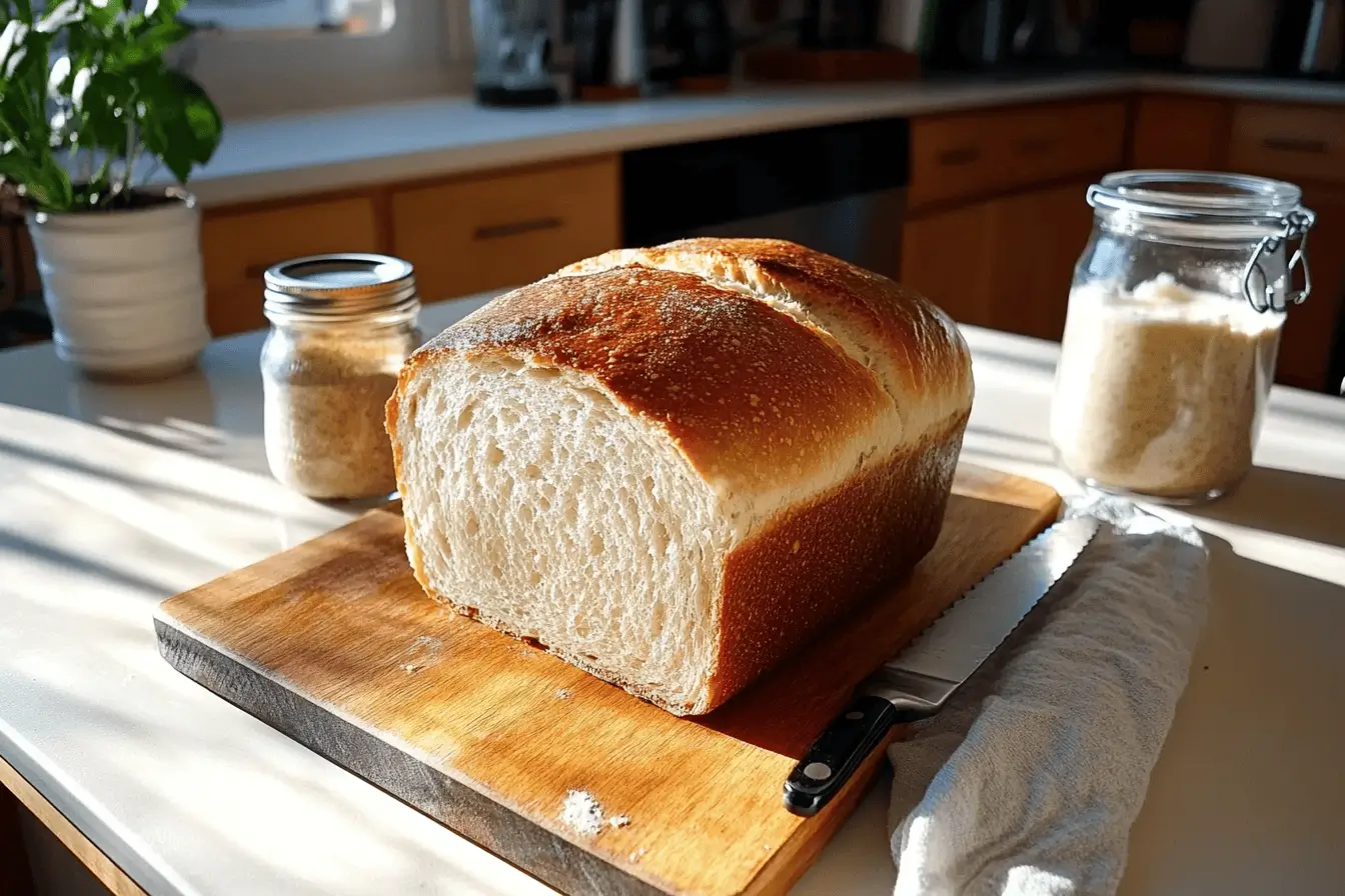 Golden sourdough sandwich bread on a wooden board.