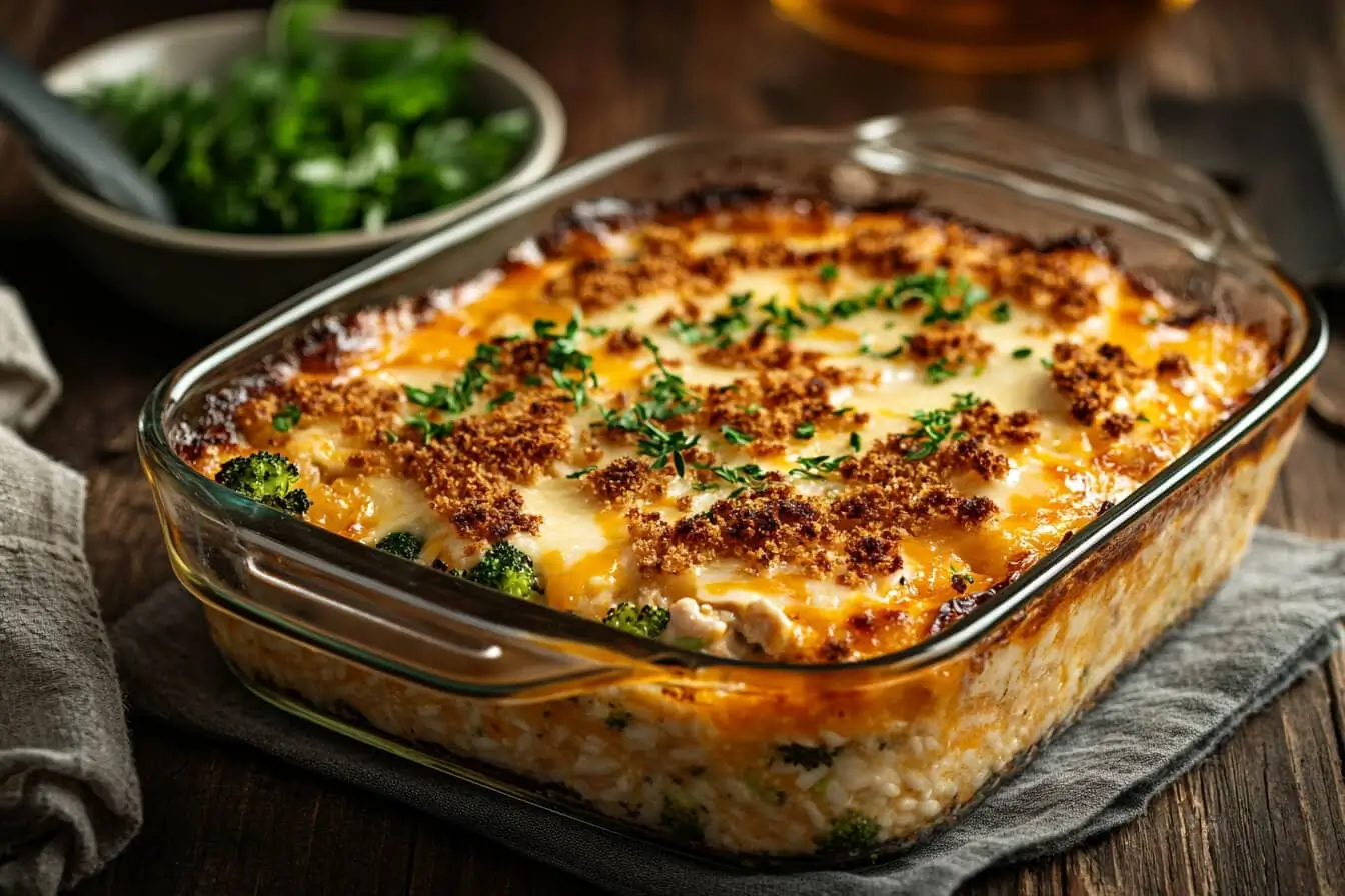 Chicken broccoli rice casserole baked to golden perfection