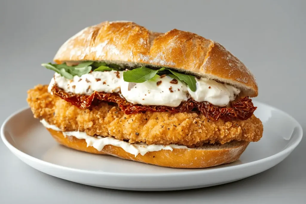 Gourmet chicken cutlet sandwich with arugula and sundried tomatoes