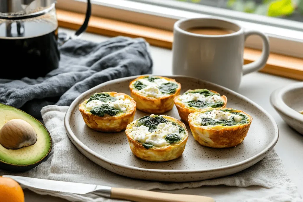 Homemade spinach feta egg cups served with coffee and fresh fruit.