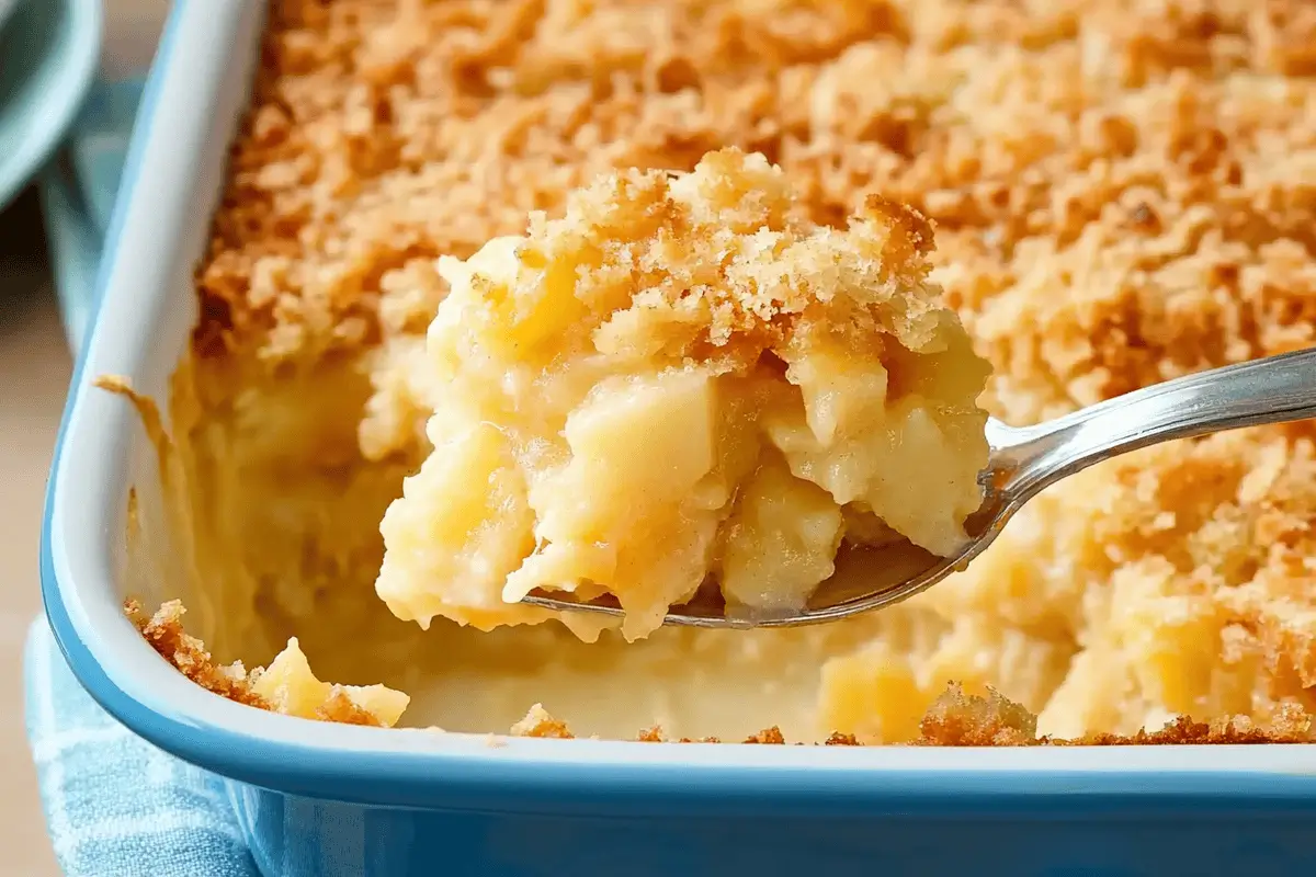 A spoonful of pineapple casserole with a golden buttery topping served from a blue baking dish.