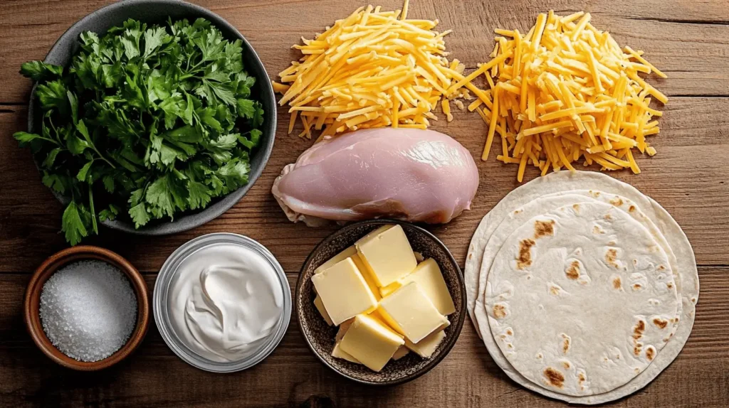 Ingredients for Cheesy Garlic Chicken Wraps arranged on a counter.