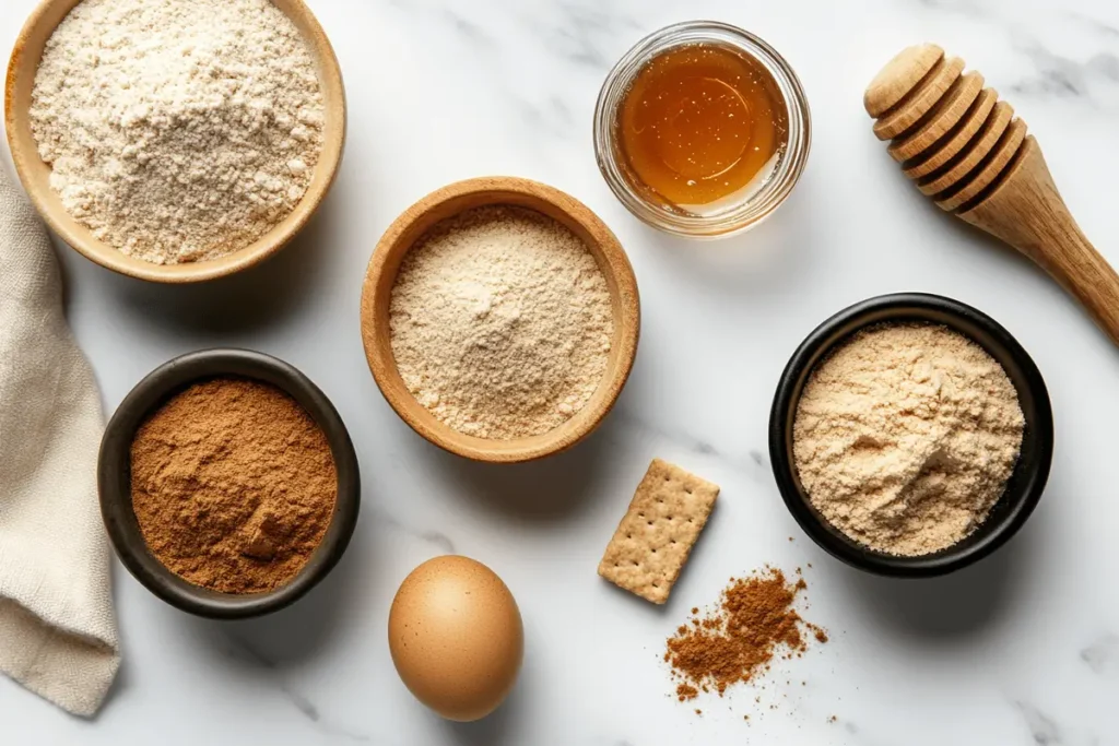 Ingredients for gluten-free graham crackers on a marble countertop.