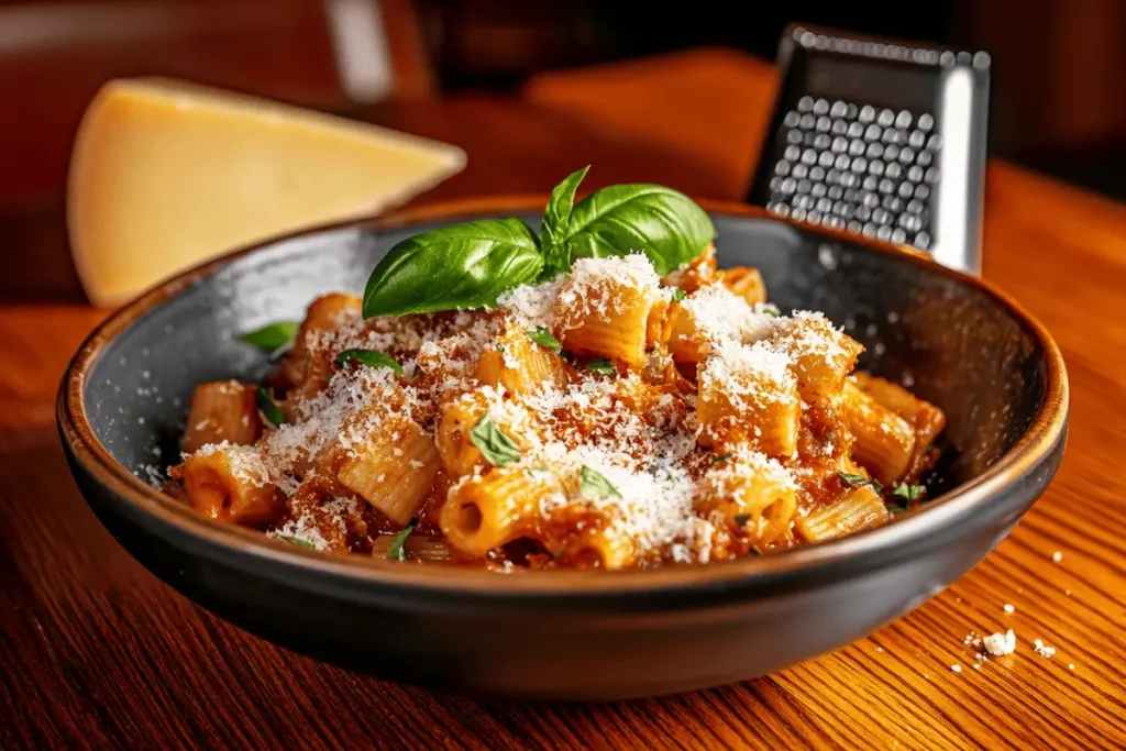 Gourmet Italian pasta with grated Parmigiano Reggiano and basil