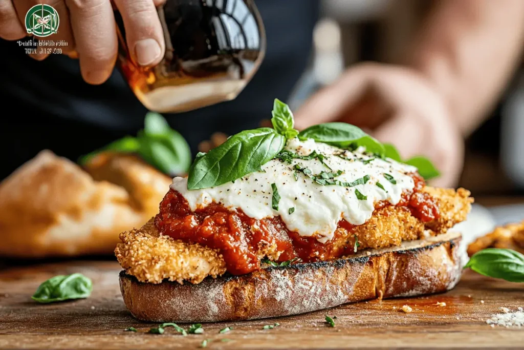 Assembling a Chicken Parm Sandwich with Marinara and Cheese