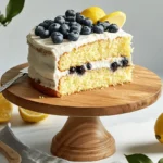 A slice of Lemon Blueberry Pound Cake with cream frosting, topped with fresh blueberries and a lemon slice, on a wooden cake stand.