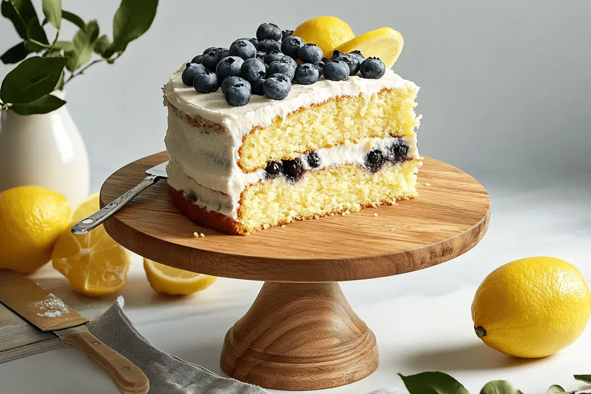 A slice of Lemon Blueberry Pound Cake with cream frosting, topped with fresh blueberries and a lemon slice, on a wooden cake stand.