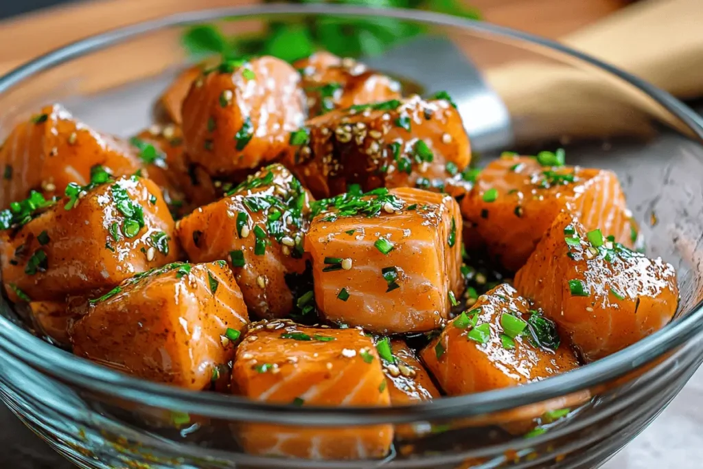  Marinated salmon bites in a bowl before cooking.