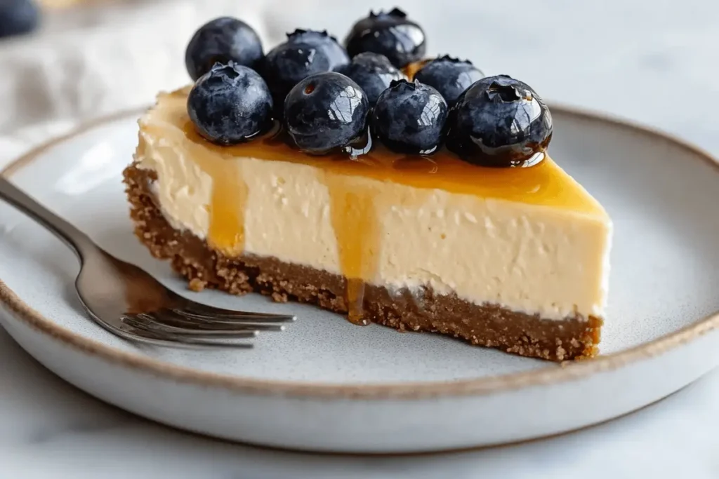 No-bake cheesecake with gluten-free graham cracker crust and blueberries.