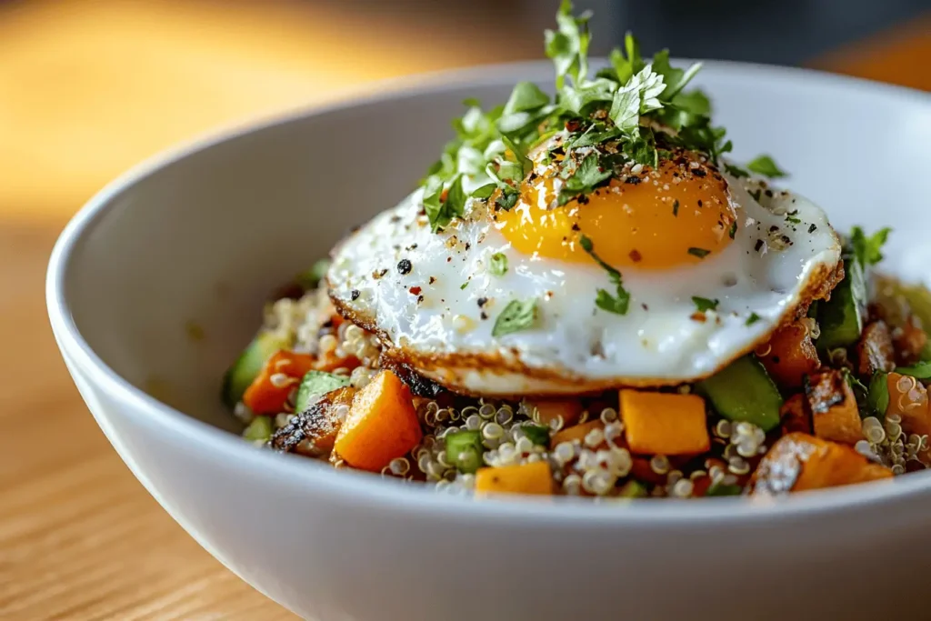  Breakfast bowl with an over hard egg and vegetables.