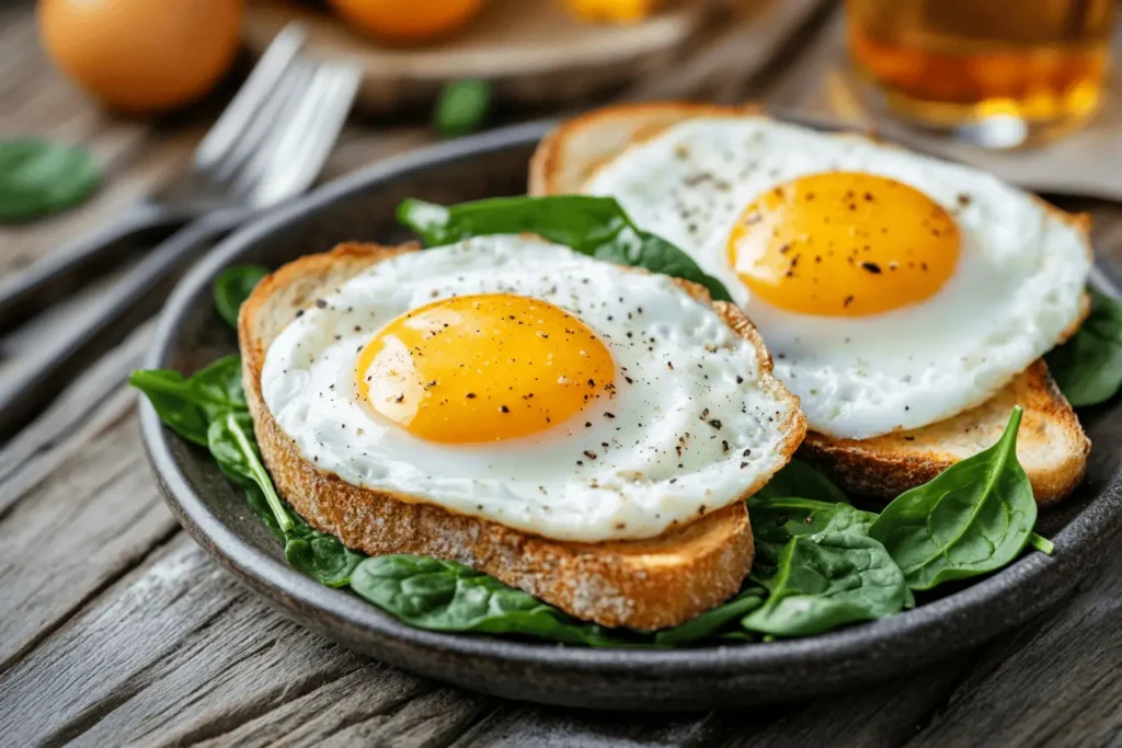 Over medium eggs served on toast with sautéed spinach.