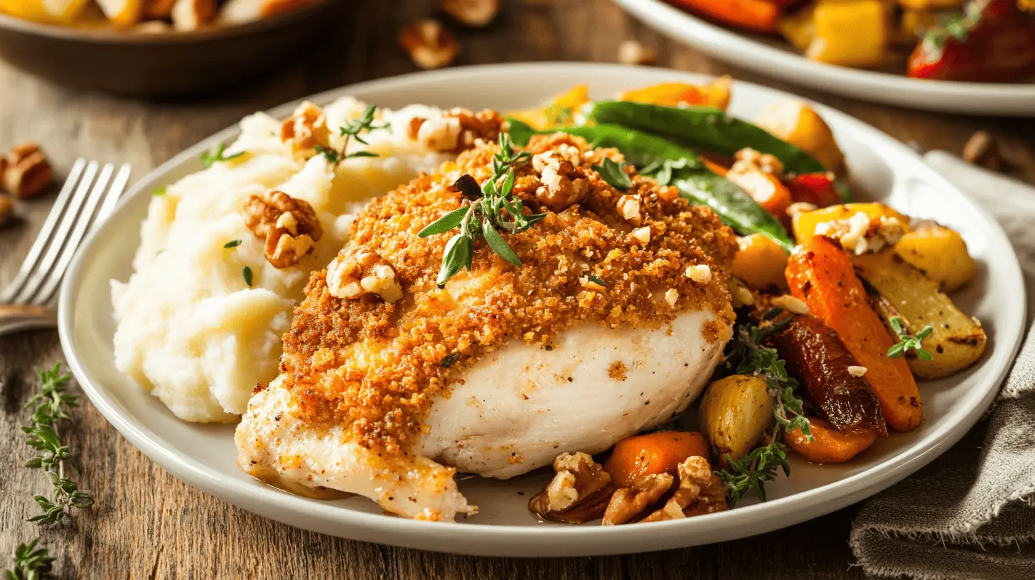 Pecan Crusted Chicken Served with Roasted Vegetables