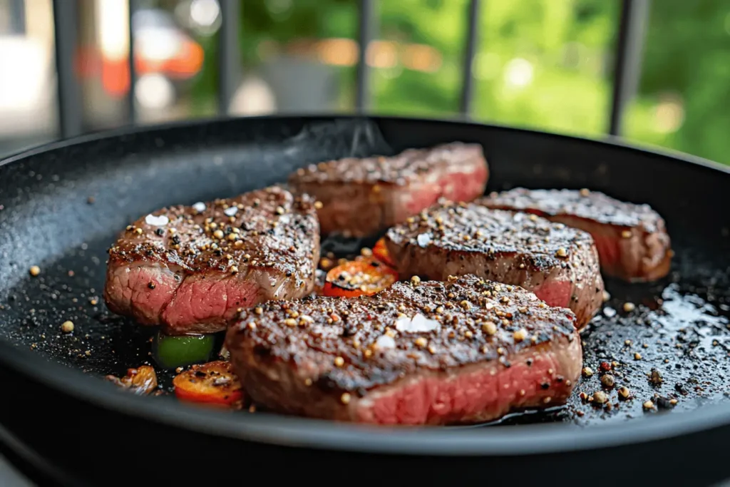 Juicy steak slices sizzling on a skillet with steam rising.