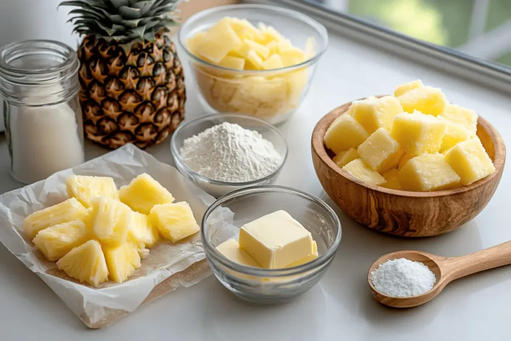  An overhead view of pineapple casserole ingredients on a kitchen counter.